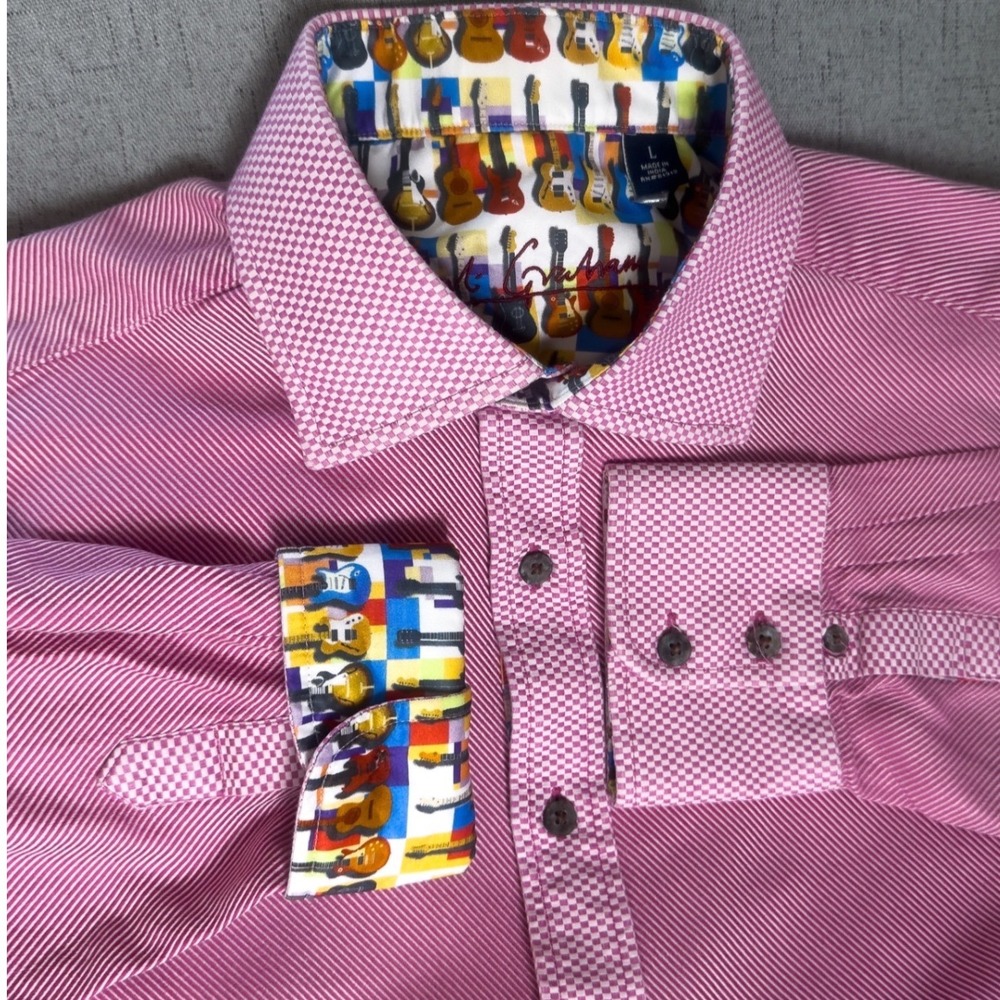 Robert Graham Mens Pink Stripe Guitar Print Trim Floral Embroidered Shirt Large